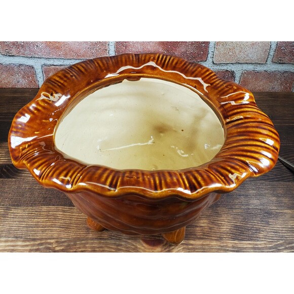 Vintage Brown Glazed Ceramic Conch Shell Planter, Seashell Nautical Decor - Picture 3 of 9